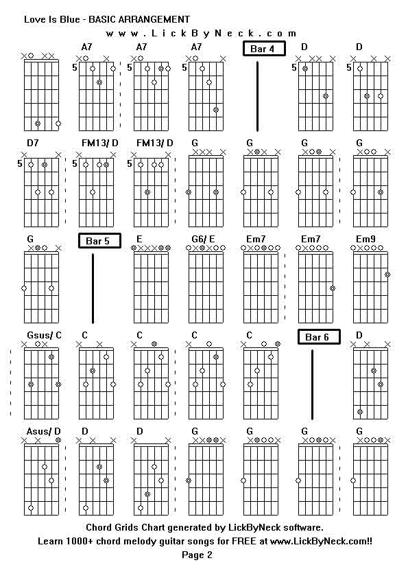 Chord Grids Chart of chord melody fingerstyle guitar song-Love Is Blue - BASIC ARRANGEMENT,generated by LickByNeck software.